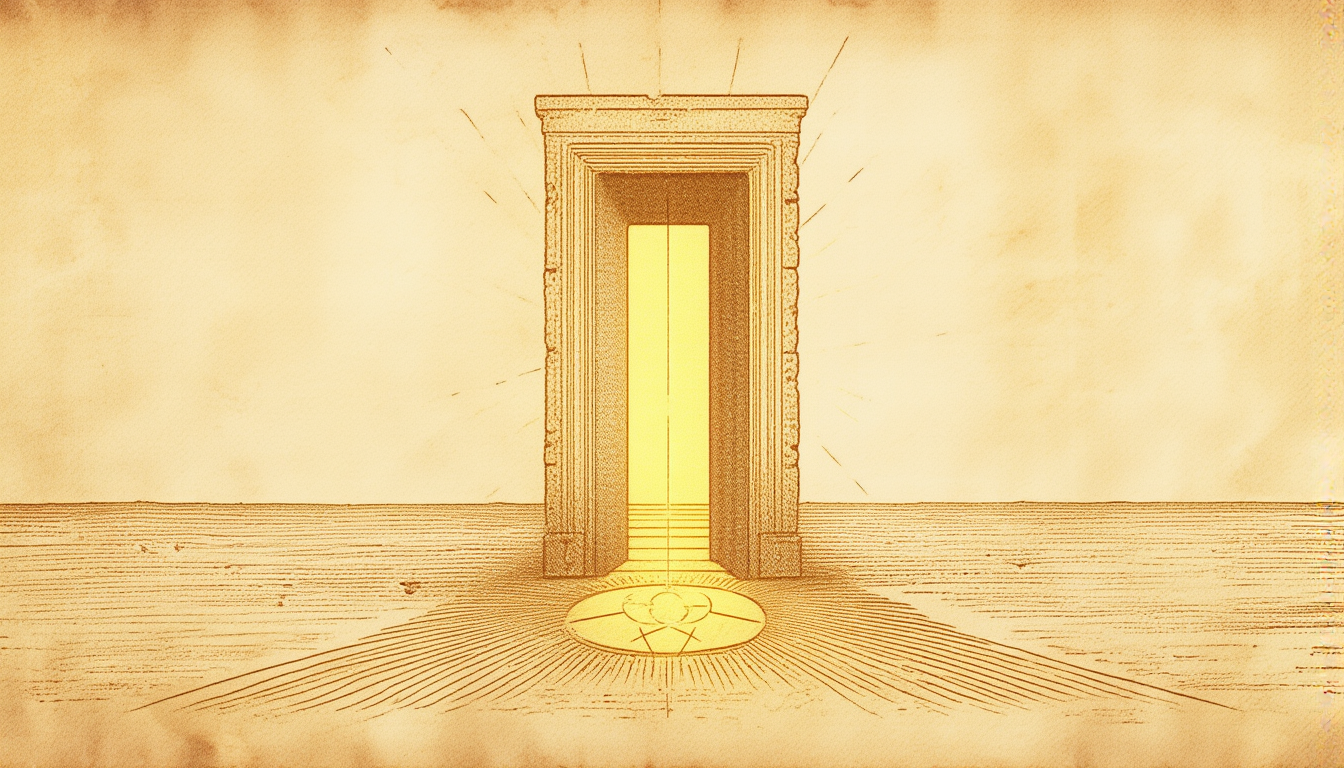 A narrow stone doorway standing in a beam of golden light