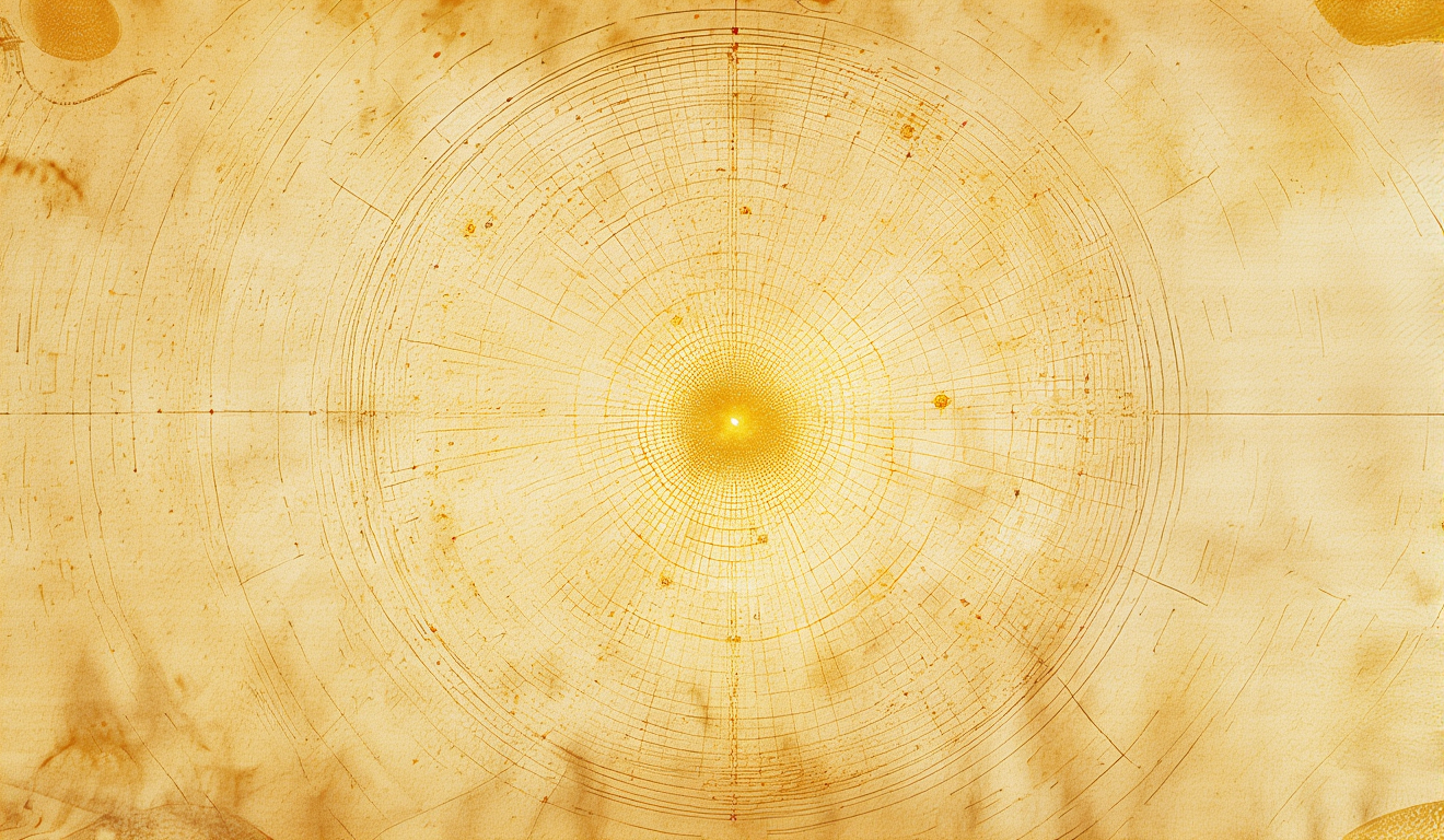 A lattice of fine gold field lines with one glowing node at the center