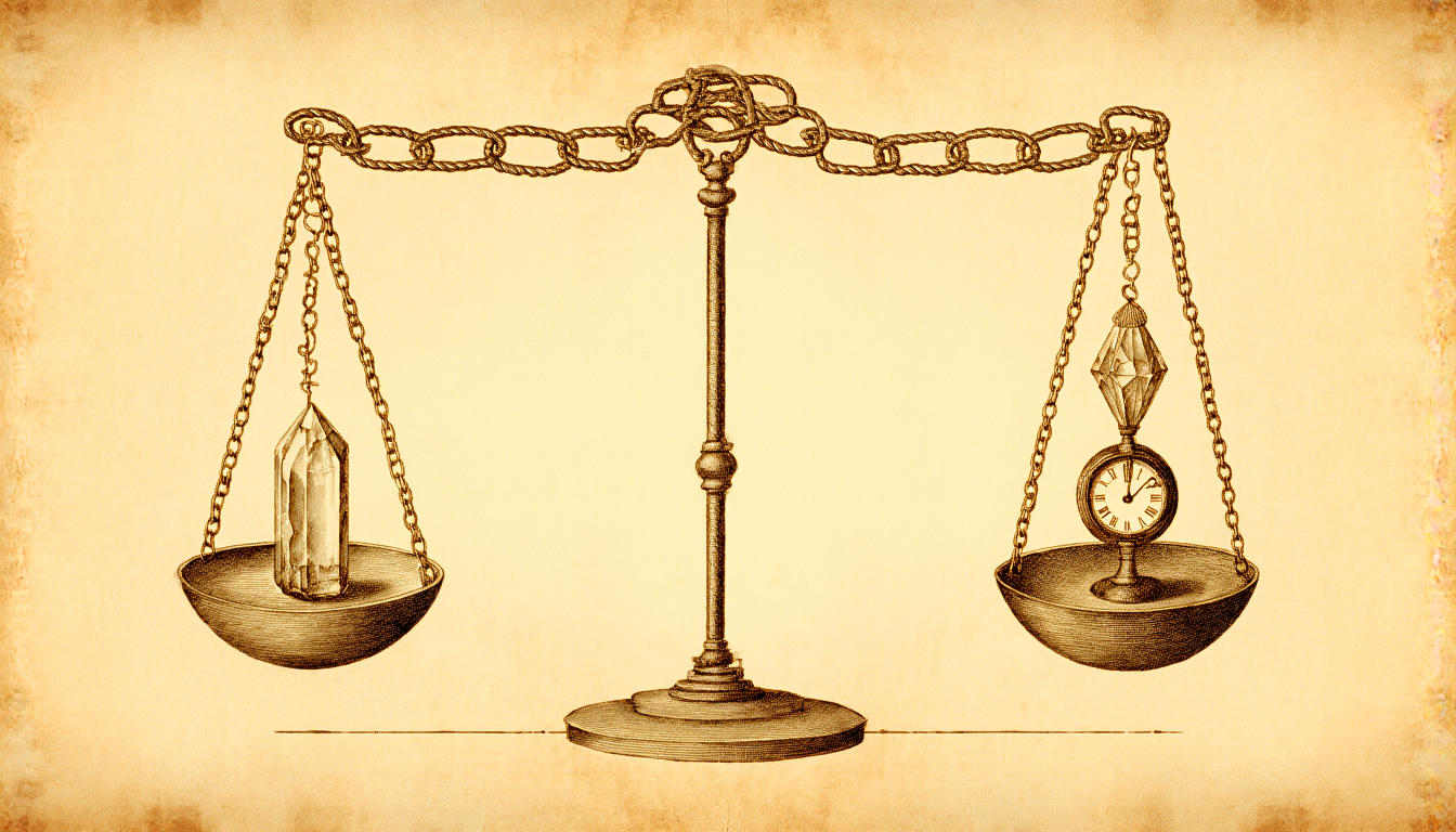 A balance scale holding a crystal mass and a clock face, joined by a chain