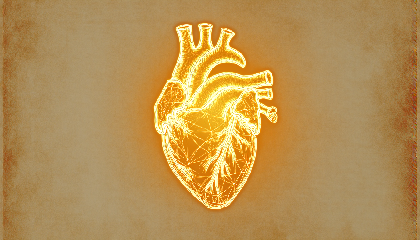 A crystalline geometric heart structure glowing amber
