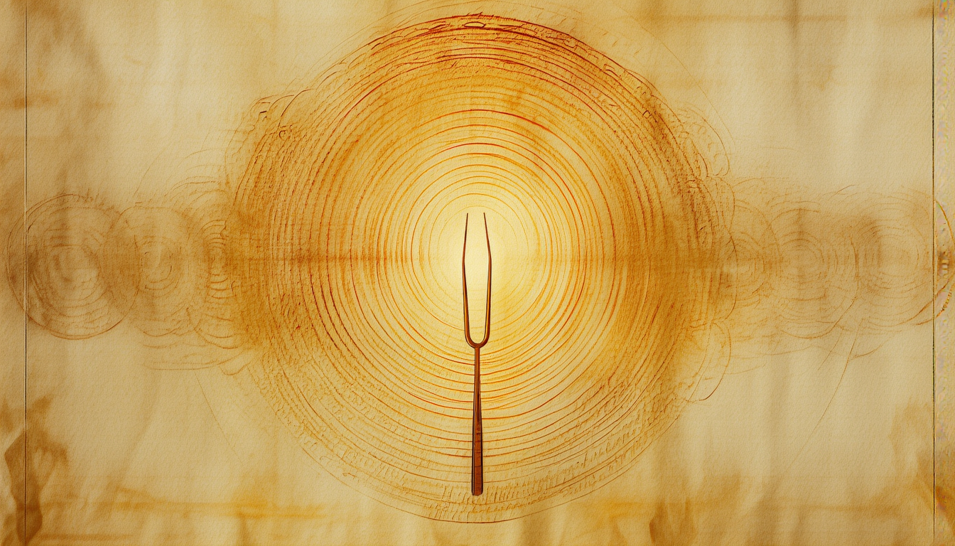 A tuning fork emitting concentric gold waves that dissolve into script