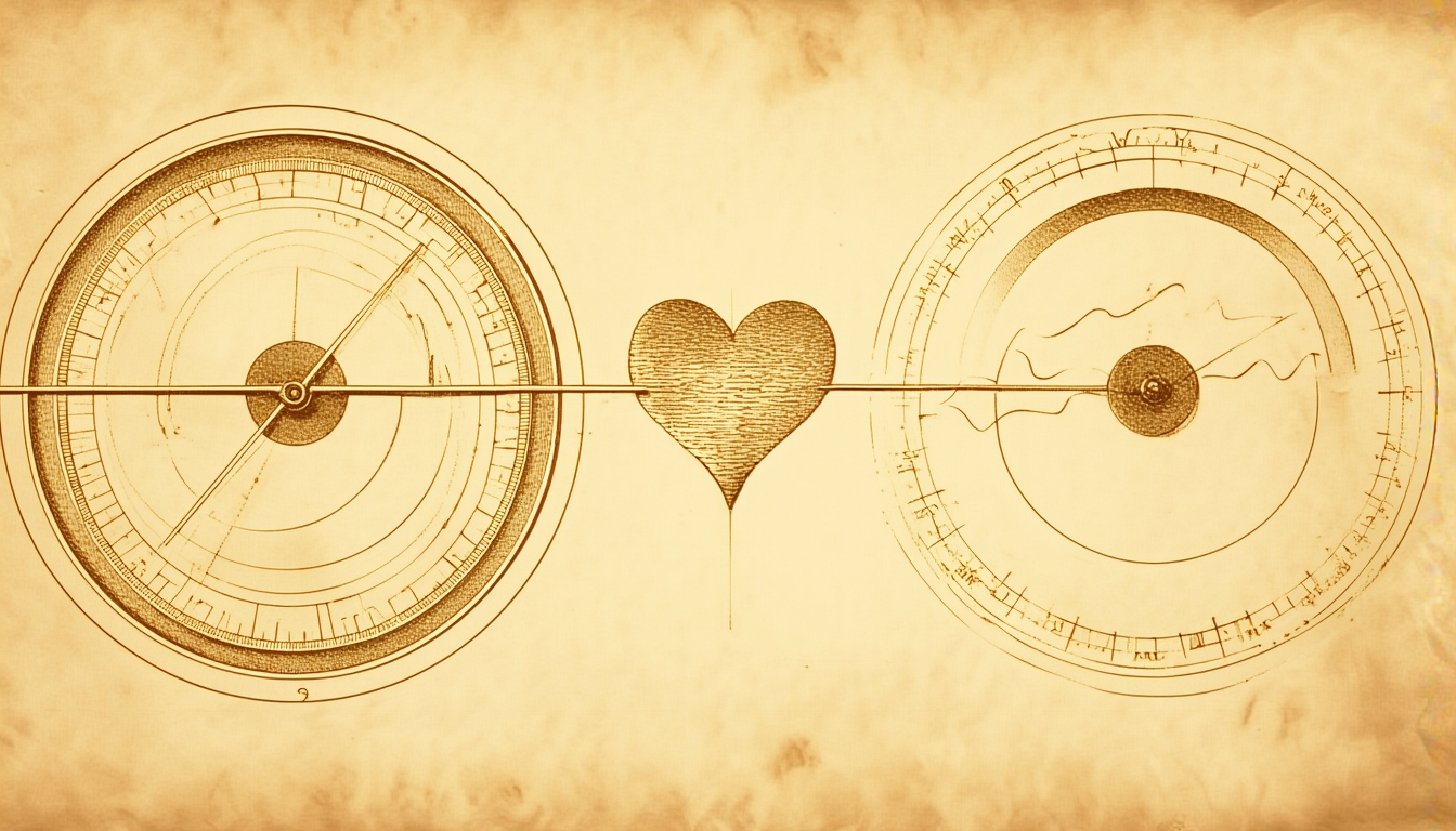 A precision clock instrument with graduated dials, beside a small heart glyph on a fine axis line