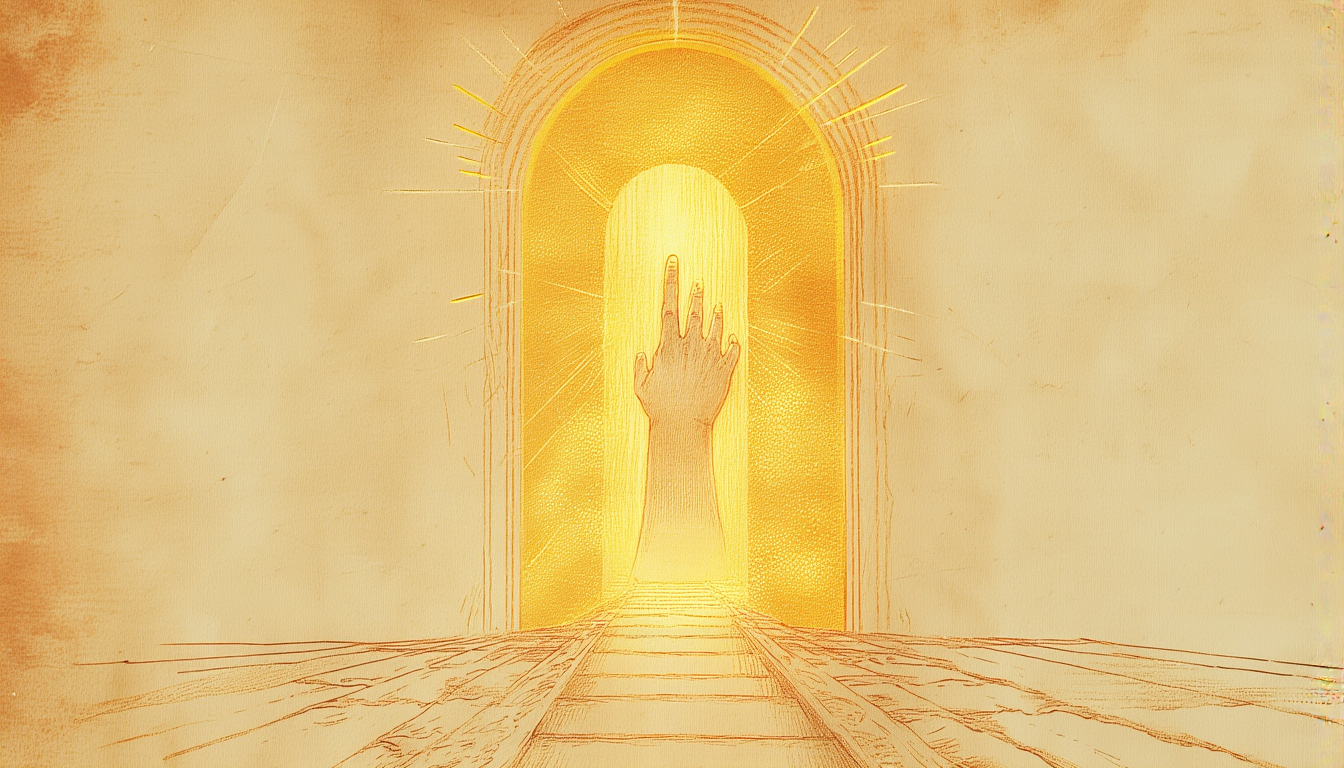 A hand reaching toward a distant doorway of light